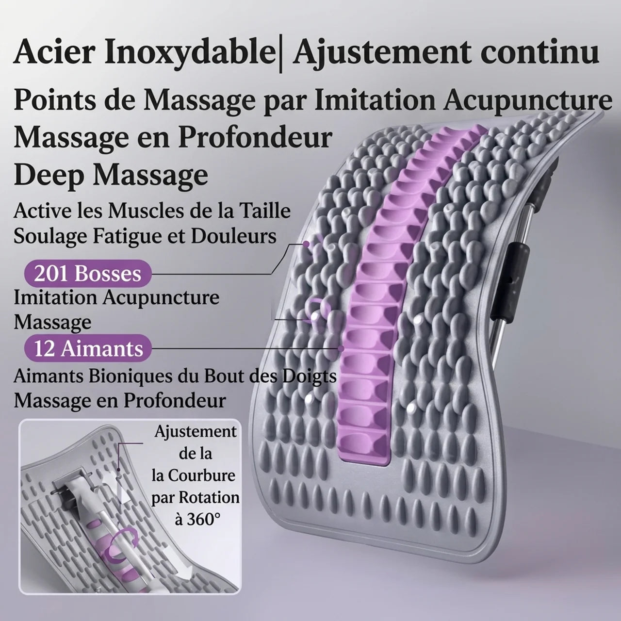 Civière Dorsale d'Acupression Magnétique Masseur de Dos Réglable