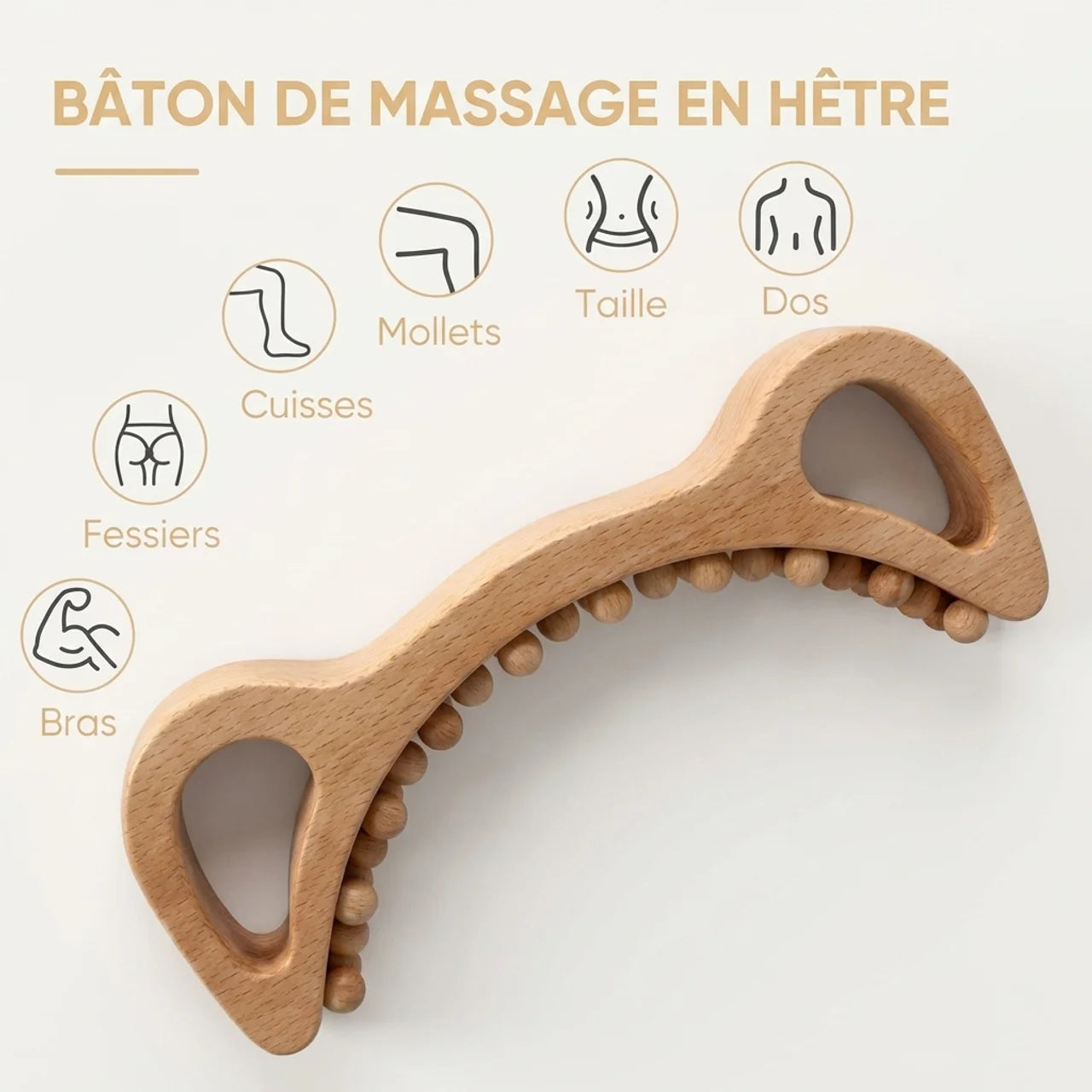 Bâton de Massage en Bois Anti Cellulite Maderothérapie 29 Billes