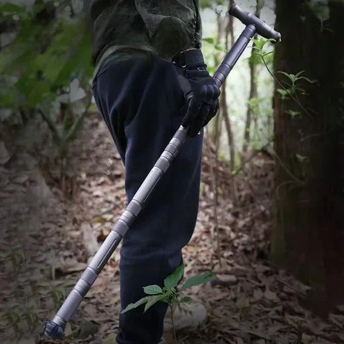 Bâton de marche pliable multifonction avec poignée en T et pointe en carbure de tungstène