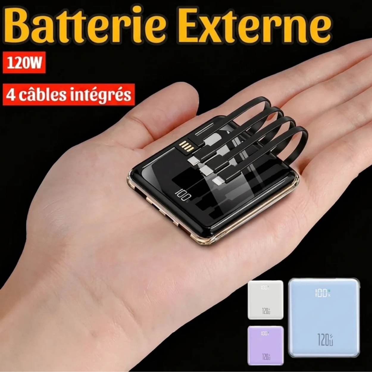 Batterie Externe Ultra Fine Câbles Intégrés et Écran LED Power Bank Recharge Rapide