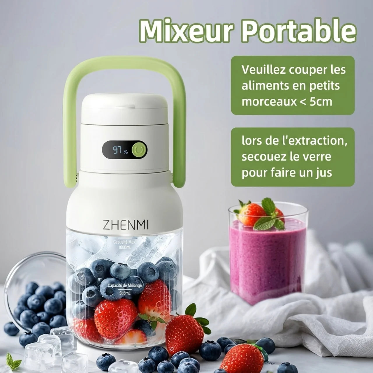 Mini Blender Portable XXL 1000ml Mixeur Smoothies et Glace