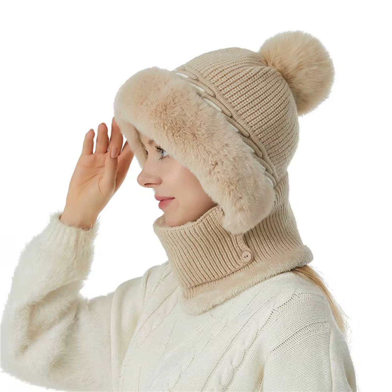 Bonnet Chapeau Écharpe 2-en-1 Doublé Polaire