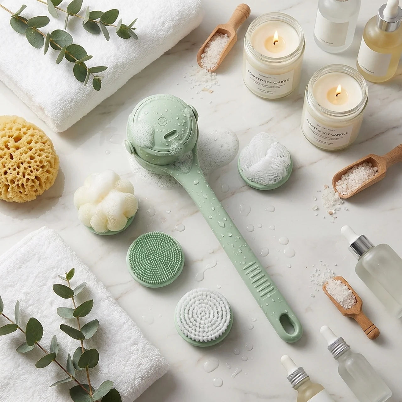 Brosse de Bain Électrique 4 en 1 Rechargeable Double Poignée avec Brosse de Dos Rotative