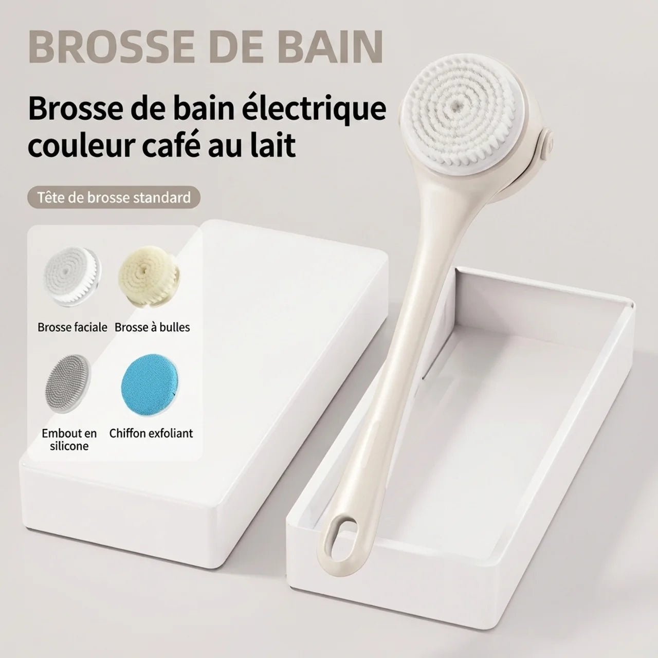 Brosse de Bain Électrique 4 en 1 Rechargeable Double Poignée avec Brosse de Dos Rotative