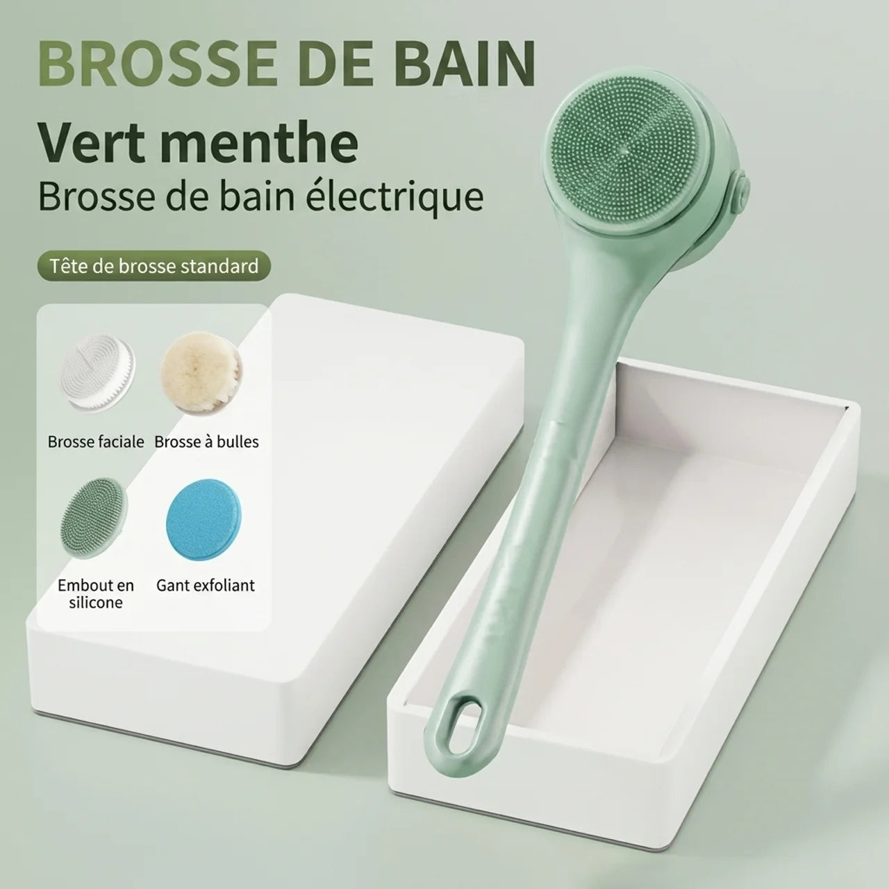 Brosse de Bain Électrique 4 en 1 Rechargeable Double Poignée avec Brosse de Dos Rotative