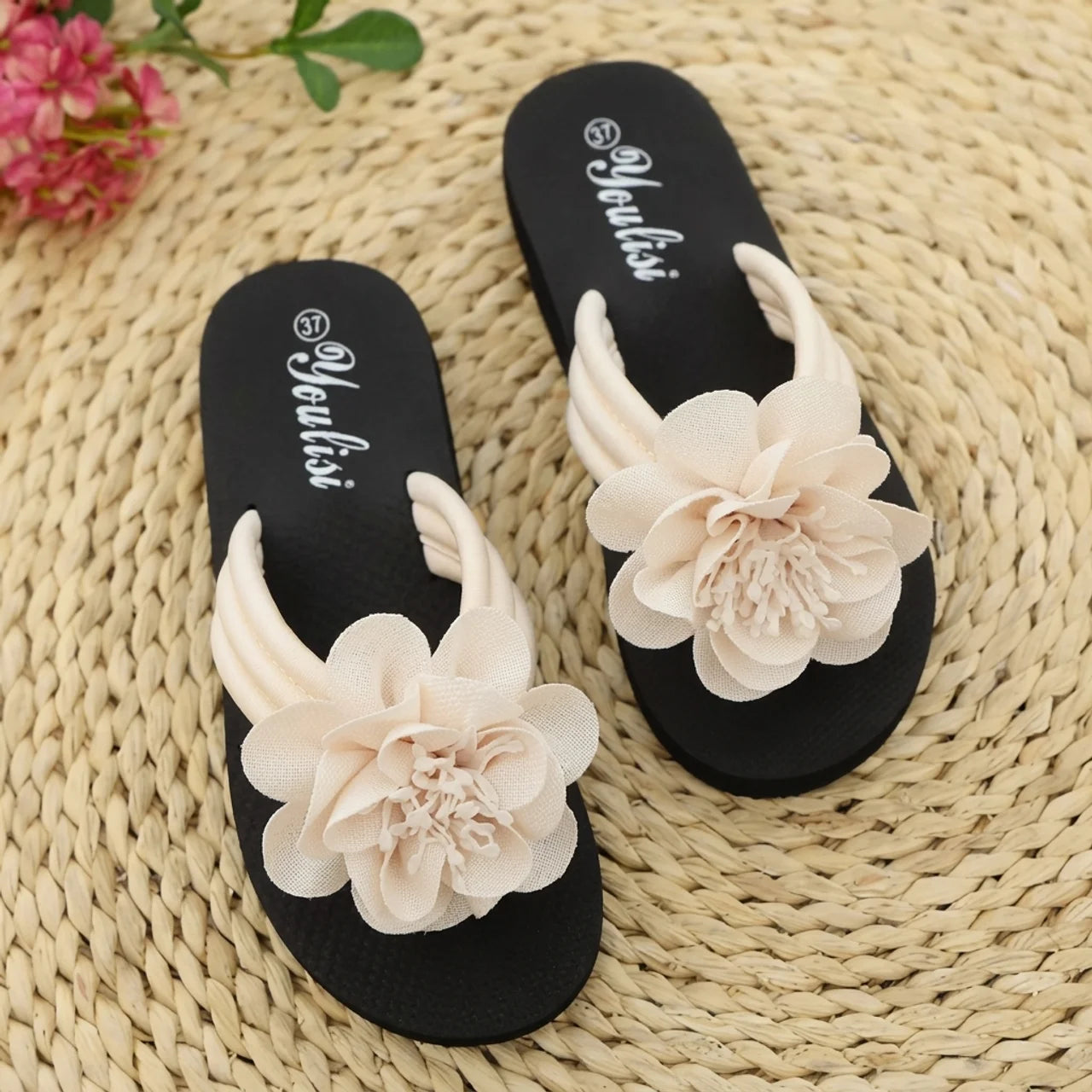 Tongs à Fleur Femme Youlisi Claquettes de Plage Grande Fleur en Relief