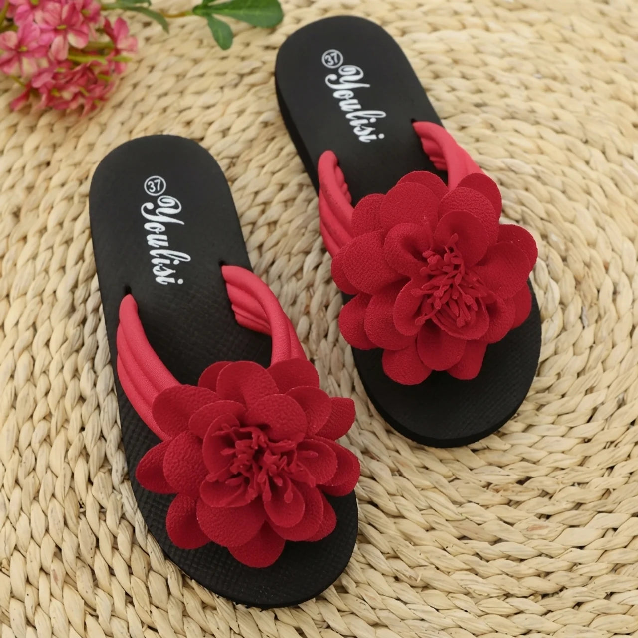 Tongs à Fleur Femme Youlisi Claquettes de Plage Grande Fleur en Relief