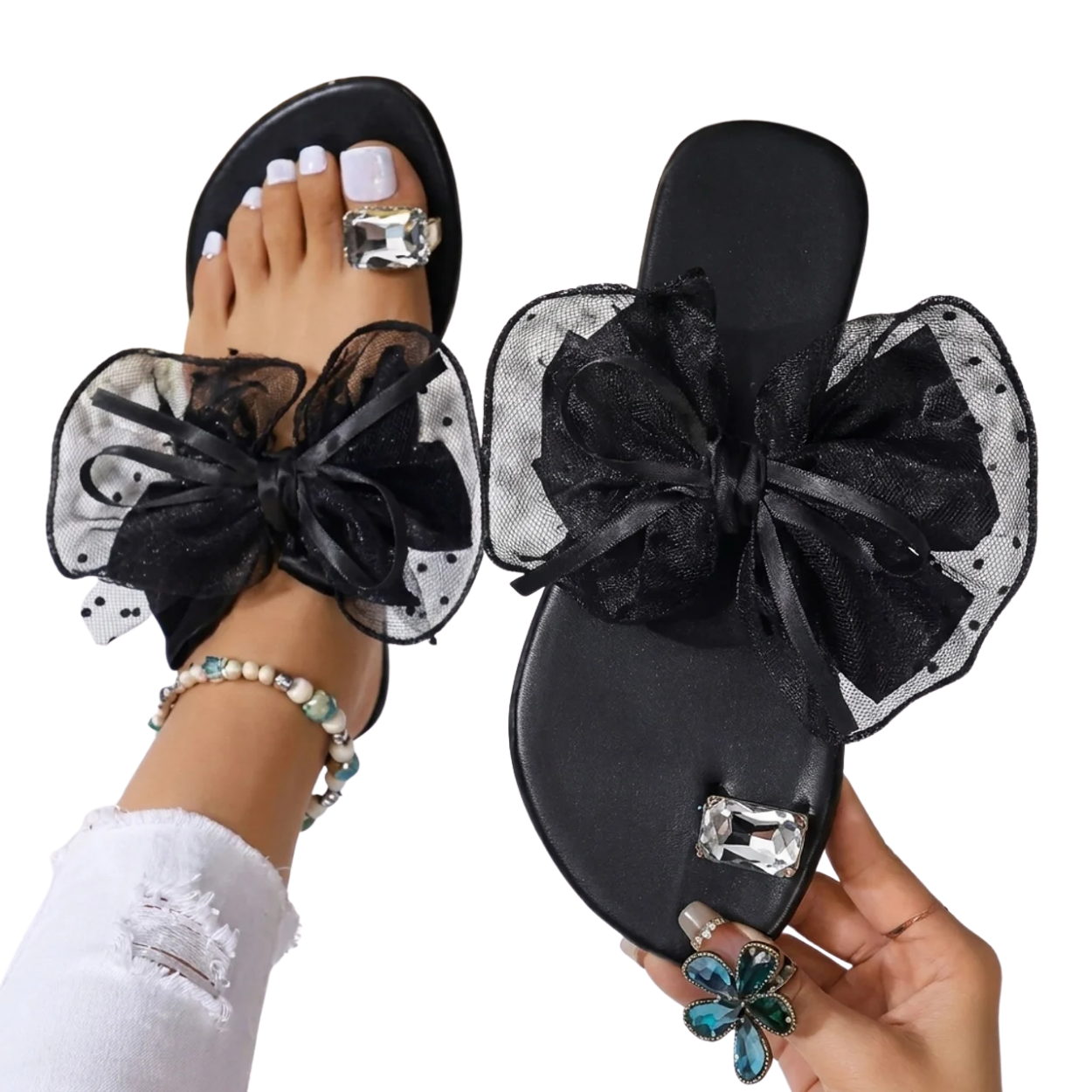 Sandales Plates d'Été à Nœud en Tulle et Strass Claquettes Chic