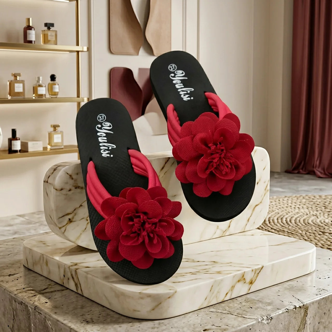 Tongs à Fleur Femme Youlisi Claquettes de Plage Grande Fleur en Relief