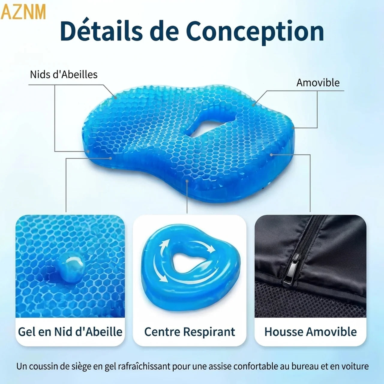 Coussin de Siège Rafraîchissant en Gel Nid d’Abeille Ergonomique Respirant et Confortable