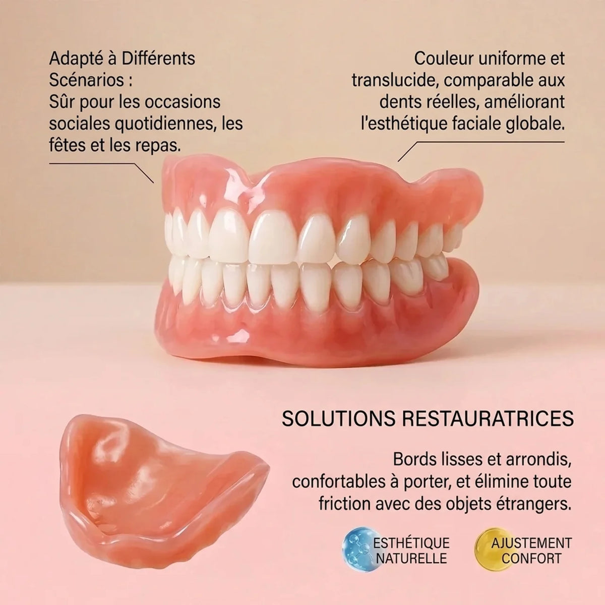 Dentier complet en silicone Dents de remplacement supérieures et inférieures à l’aspect naturel