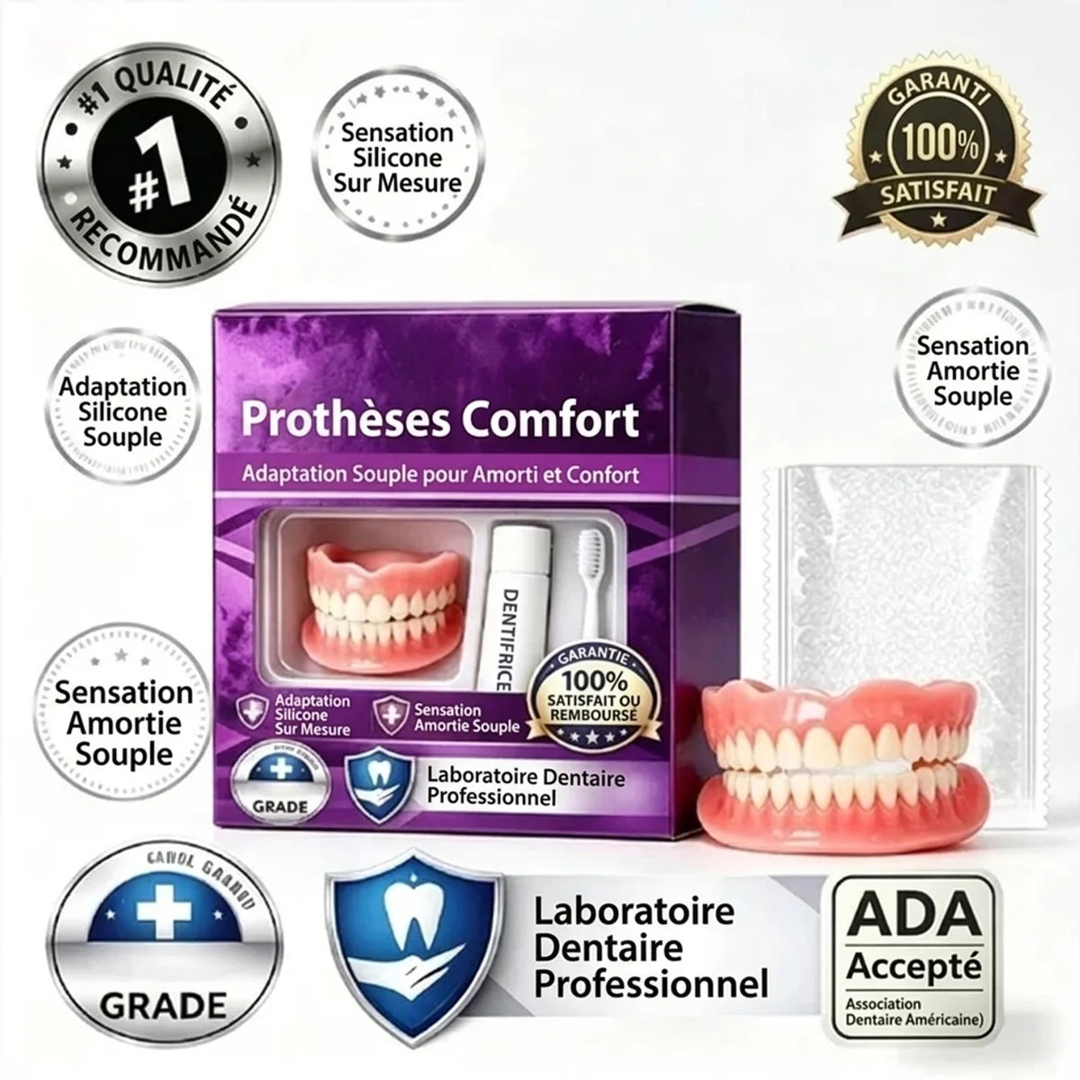 Dentier supérieur et inférieur amovible en silicone Dents de remplacement