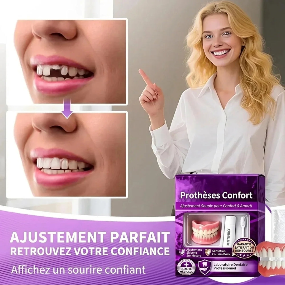 Dentier supérieur et inférieur amovible en silicone Dents de remplacement