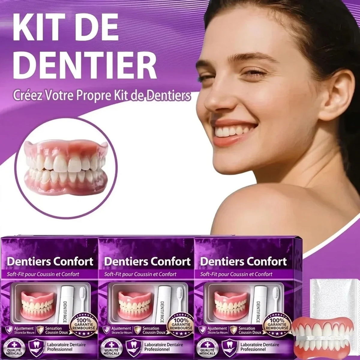 Dentier supérieur et inférieur amovible en silicone Dents de remplacement