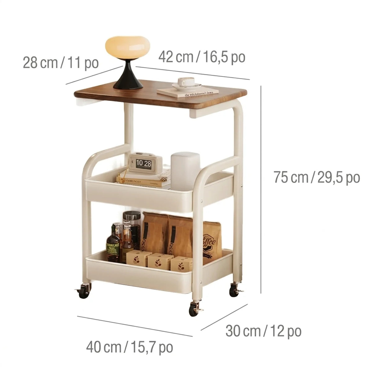 Desserte de rangement à roulettes 2 niveaux en métal pour cuisine et salon