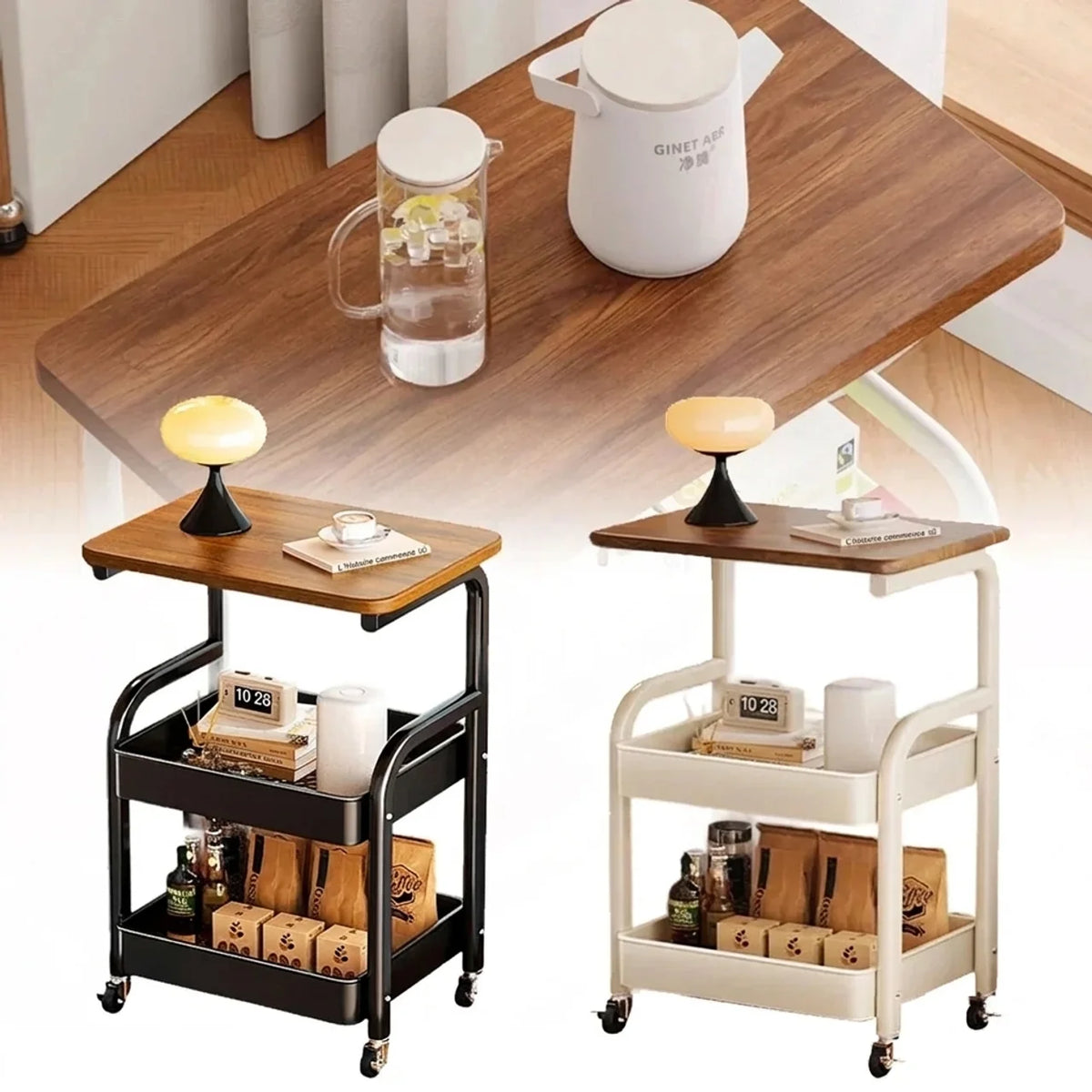 Desserte de rangement à roulettes 2 niveaux en métal pour cuisine et salon