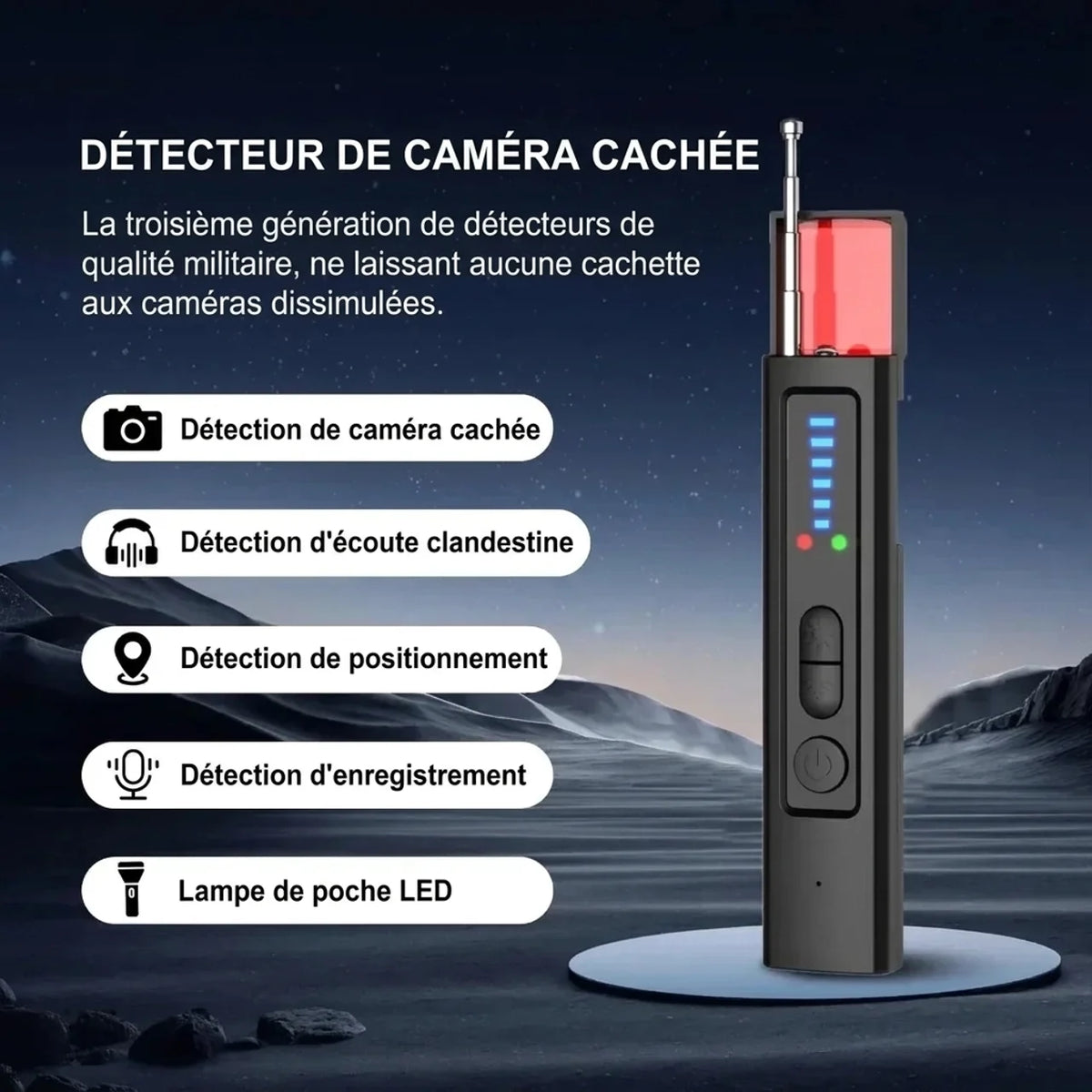 Détecteur 6-en-1 de caméras cachées traceurs GPS et signaux RF