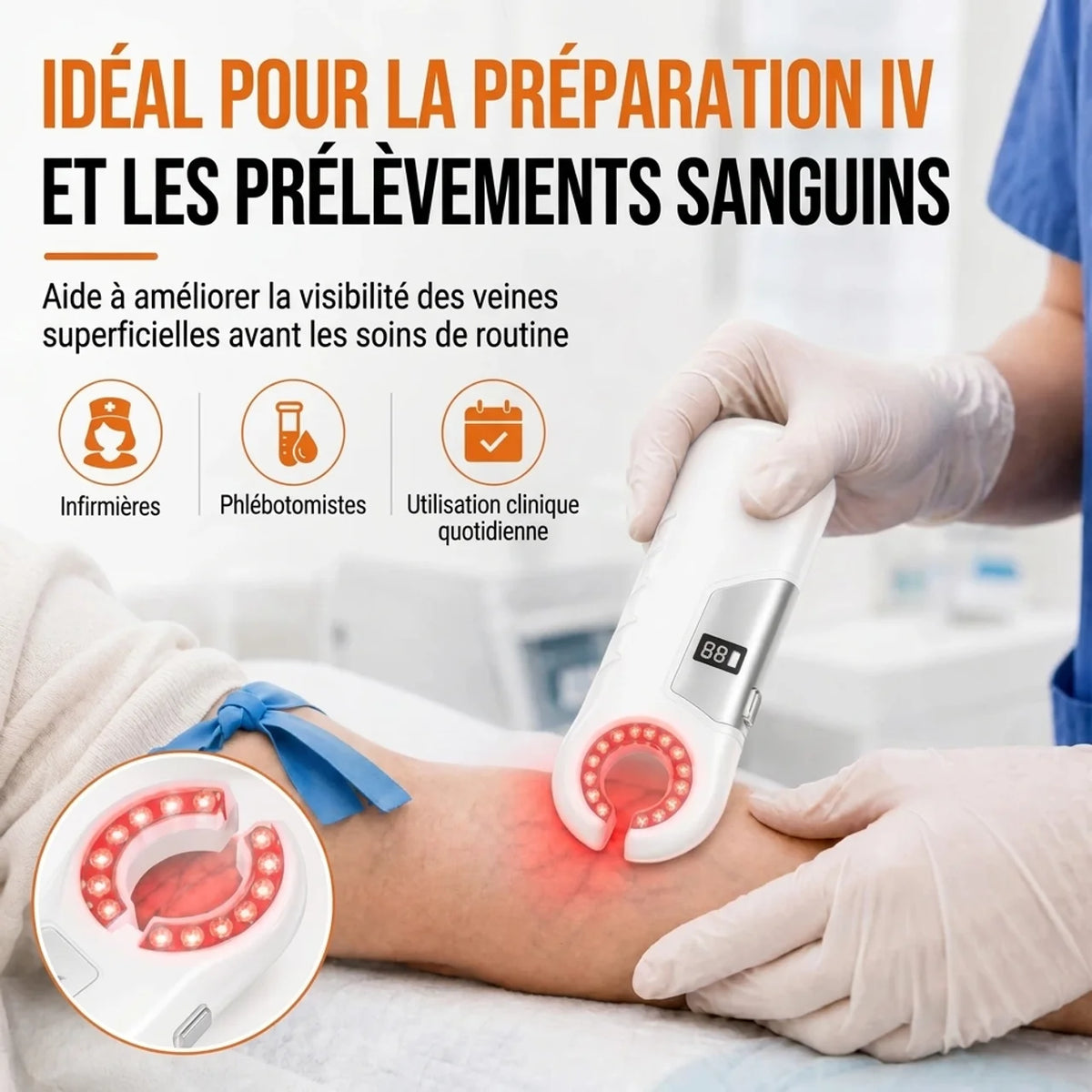 Détecteur de veines portable rechargeable pour préparation des accès IV