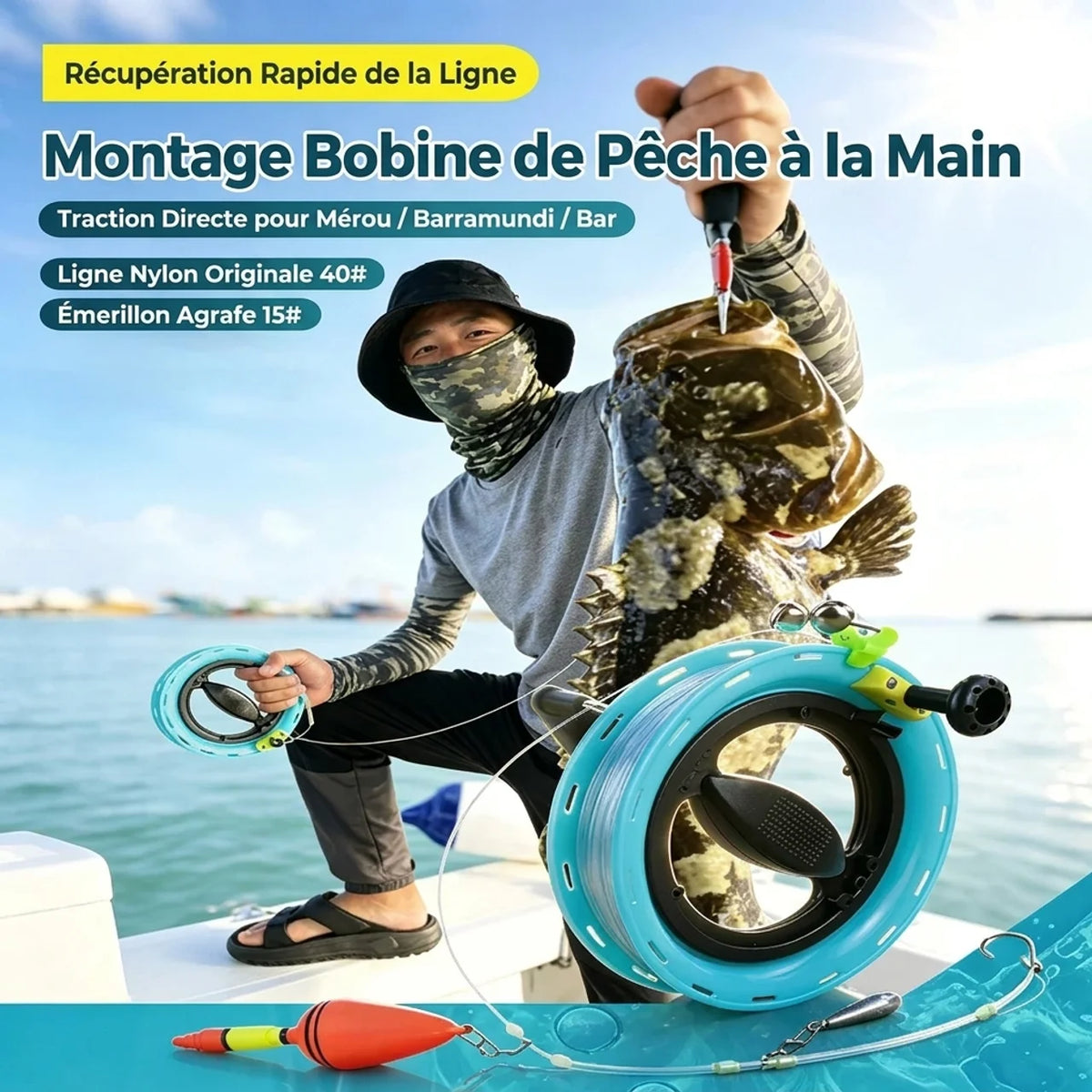 Dévidoir de pêche à main portable avec flotteur et hameçon pour pêche en mer
