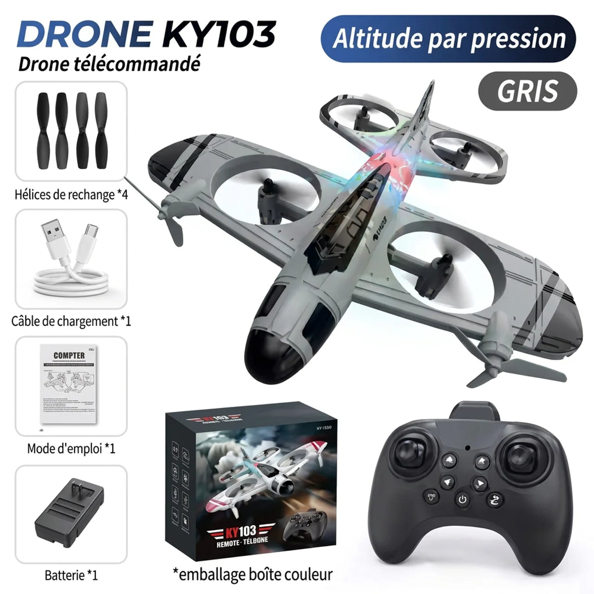 Drone Avion de Chasse RC 4 Canaux Cascades 360° & LED