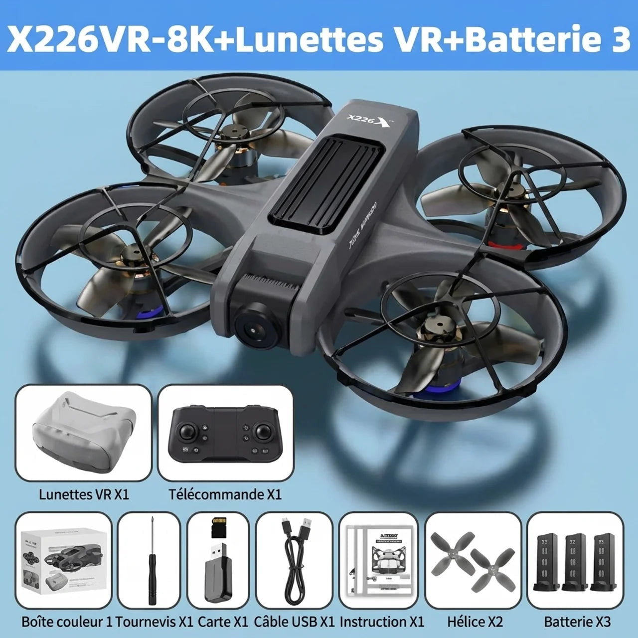 Drone Immersif X226VR 8K avec Lunettes VR Télécommande à Écran Intégré