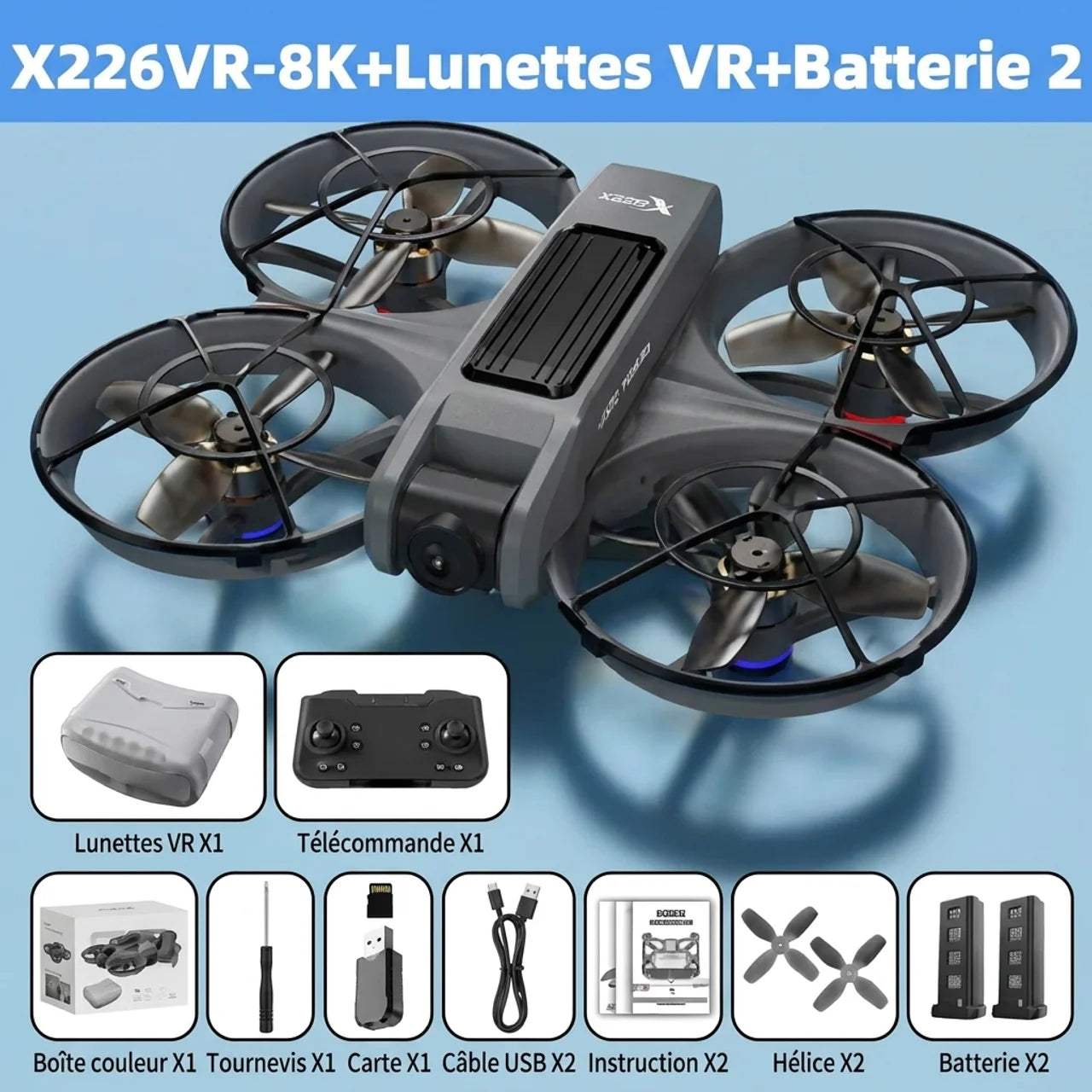 Drone Immersif X226VR 8K avec Lunettes VR Télécommande à Écran Intégré