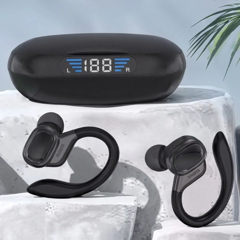 Écouteurs sport sans fil Bluetooth 5.3 avec crochets d’oreille et boîtier de charge