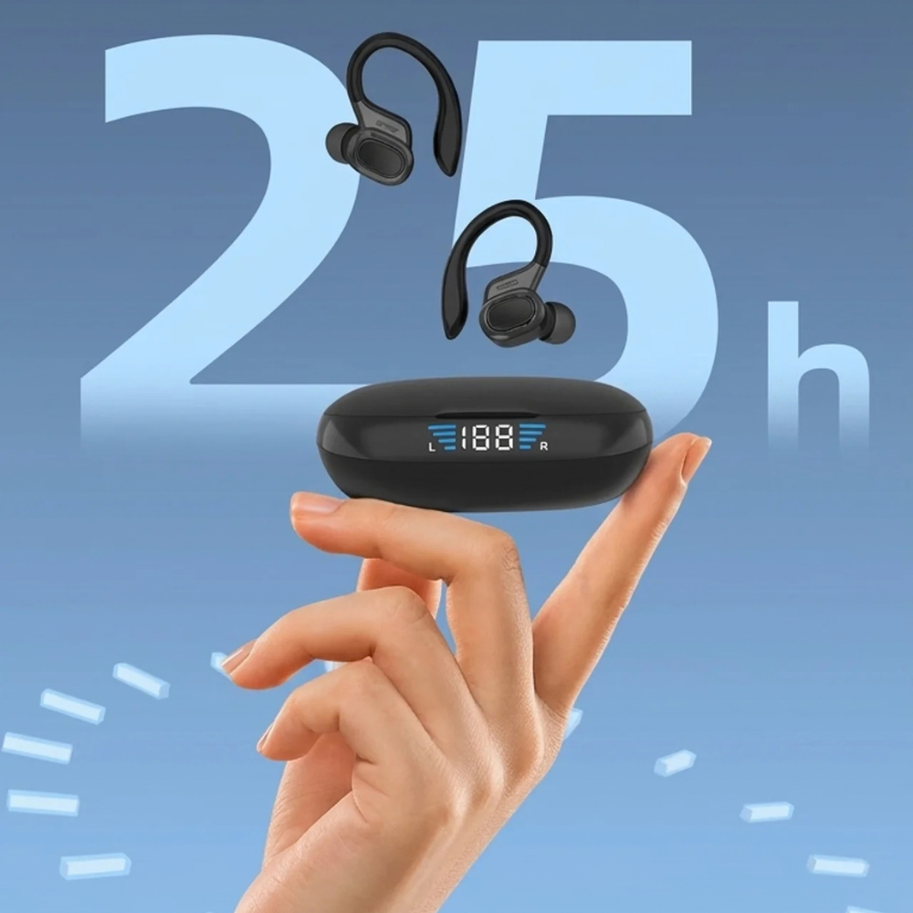 Écouteurs sport sans fil Bluetooth 5.3 avec crochets d’oreille et boîtier de charge