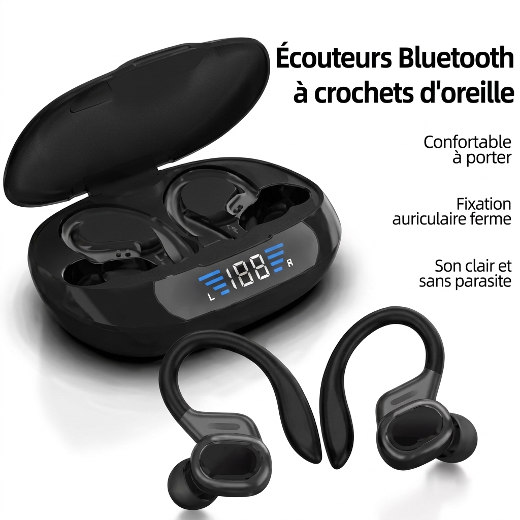 Écouteurs sport sans fil Bluetooth 5.3 avec crochets d’oreille et boîtier de charge