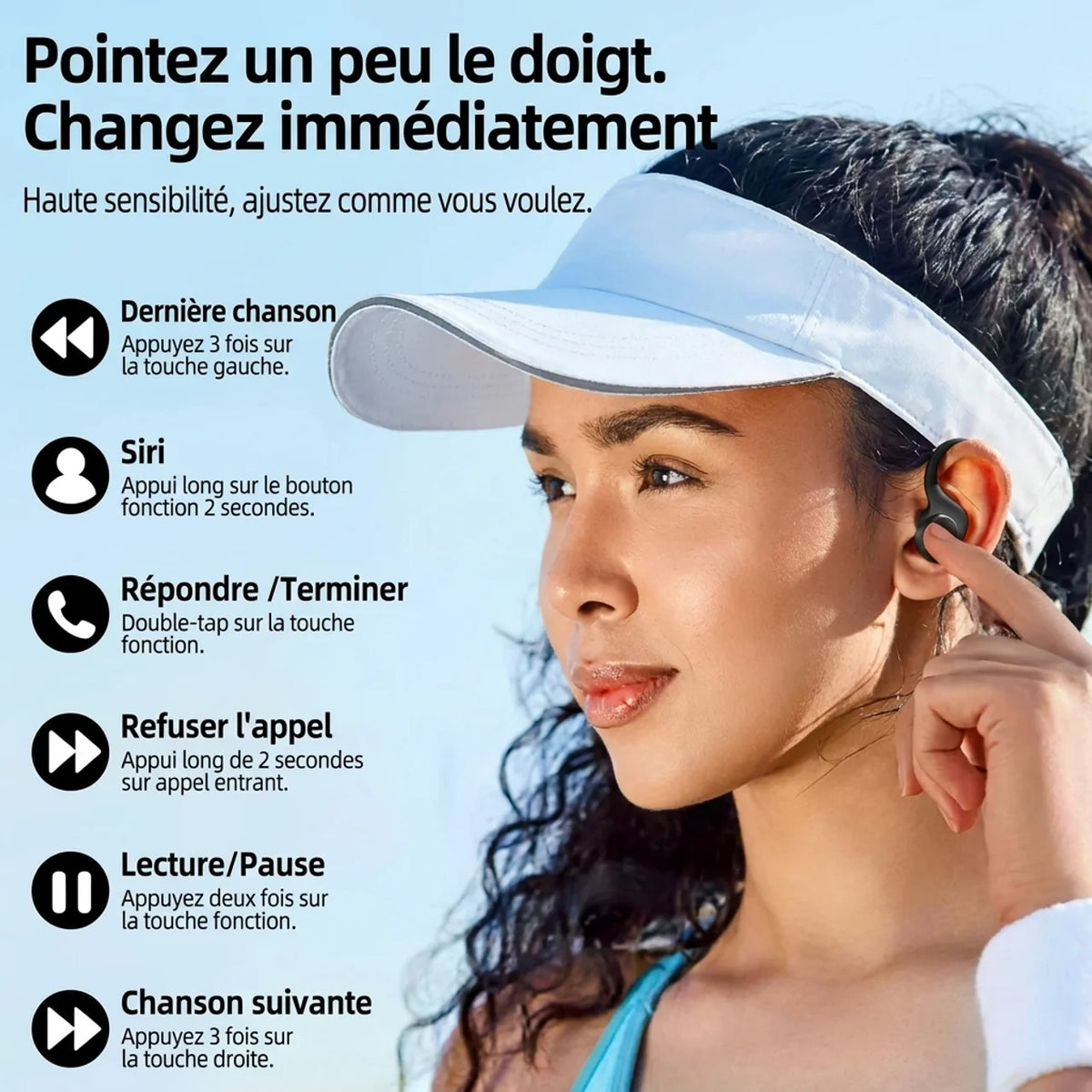 Écouteurs sport sans fil Bluetooth 5.3 avec crochets d’oreille et boîtier de charge