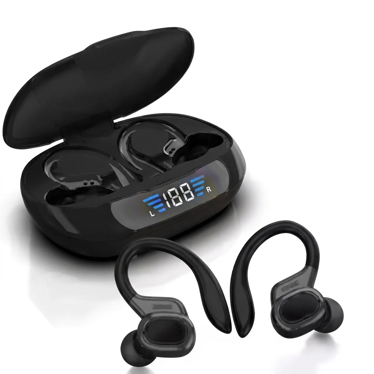 Écouteurs sport sans fil Bluetooth 5.3 avec crochets d’oreille et boîtier de charge