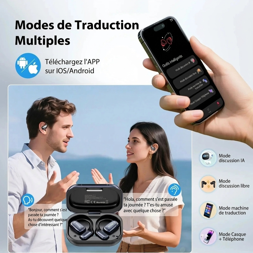Écouteurs traducteurs IA sans fil avec écran tactile LCD et microphone HD