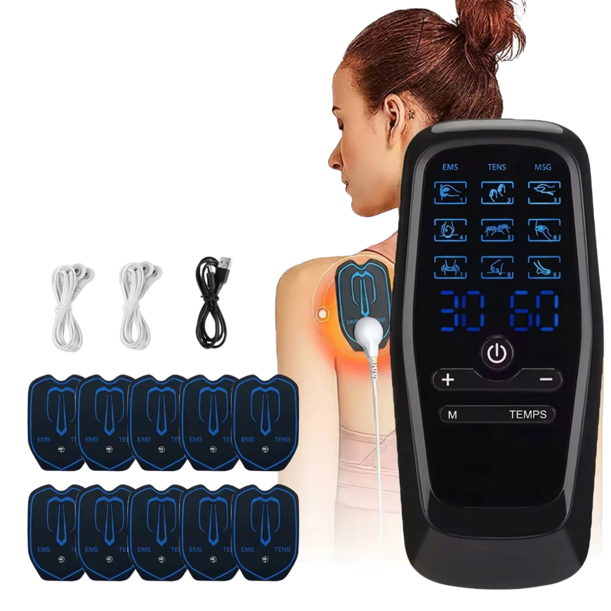 Électrostimulateur EMS TENS Rechargeable 9 Modes 30 Intensités