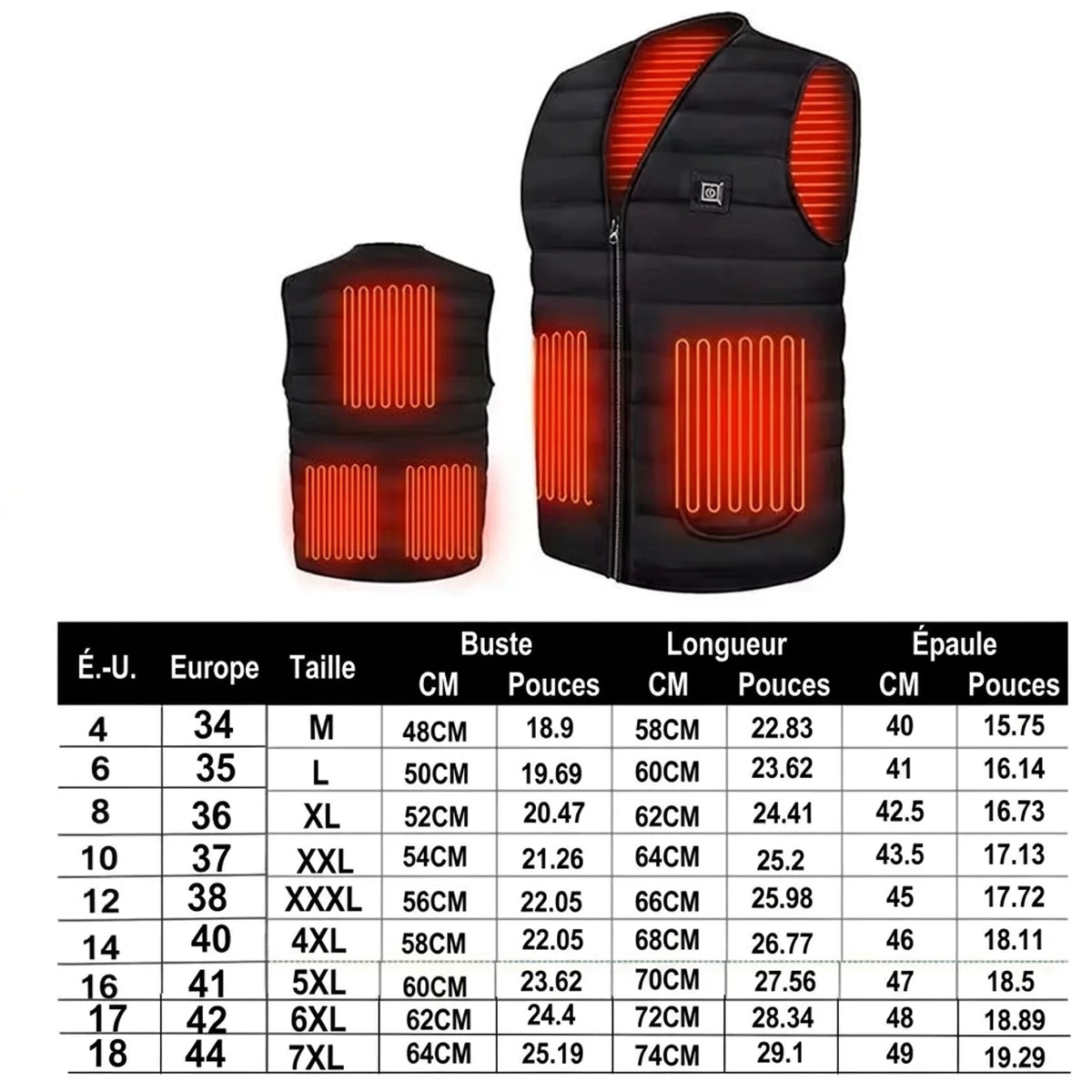 Gilet Chauffant Intelligent USB 5 & 9 Zones Veste Thermique Col V Homme & Femme (M au 6XL)