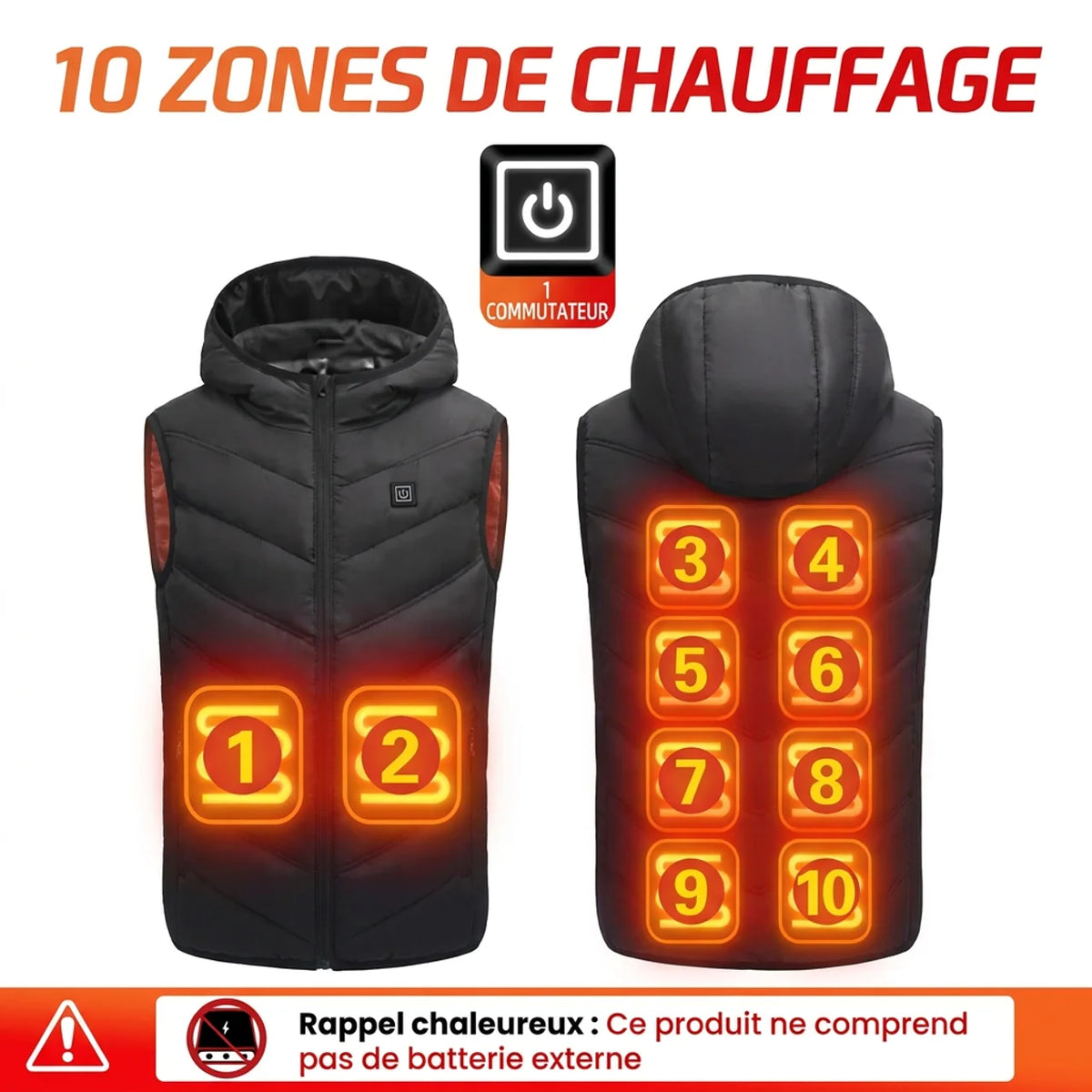 Gilet Chauffant USB Enfant avec Capuche 10 Zones Veste Sans Manches d'Hiver