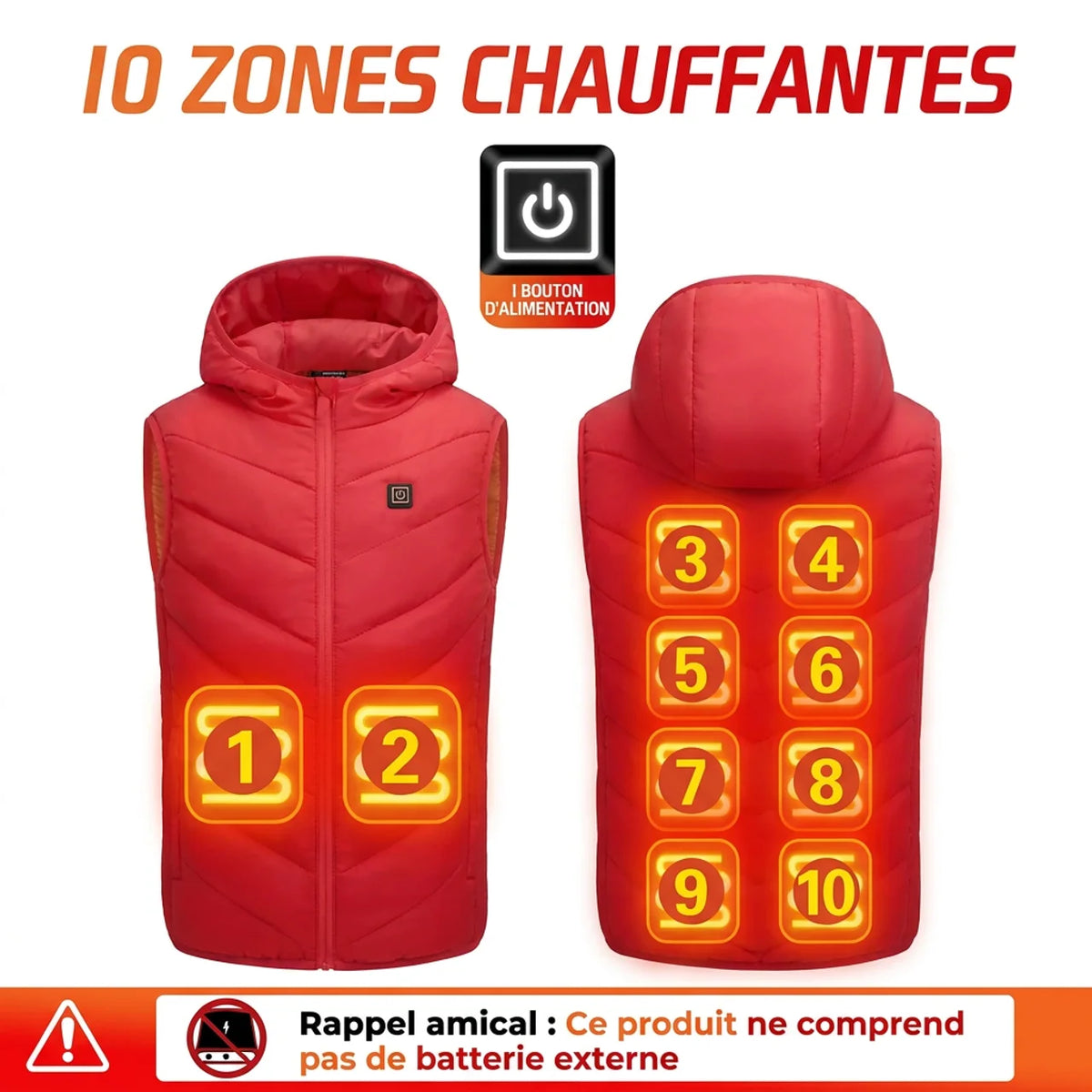 Gilet Chauffant USB Enfant avec Capuche 10 Zones Veste Sans Manches d'Hiver