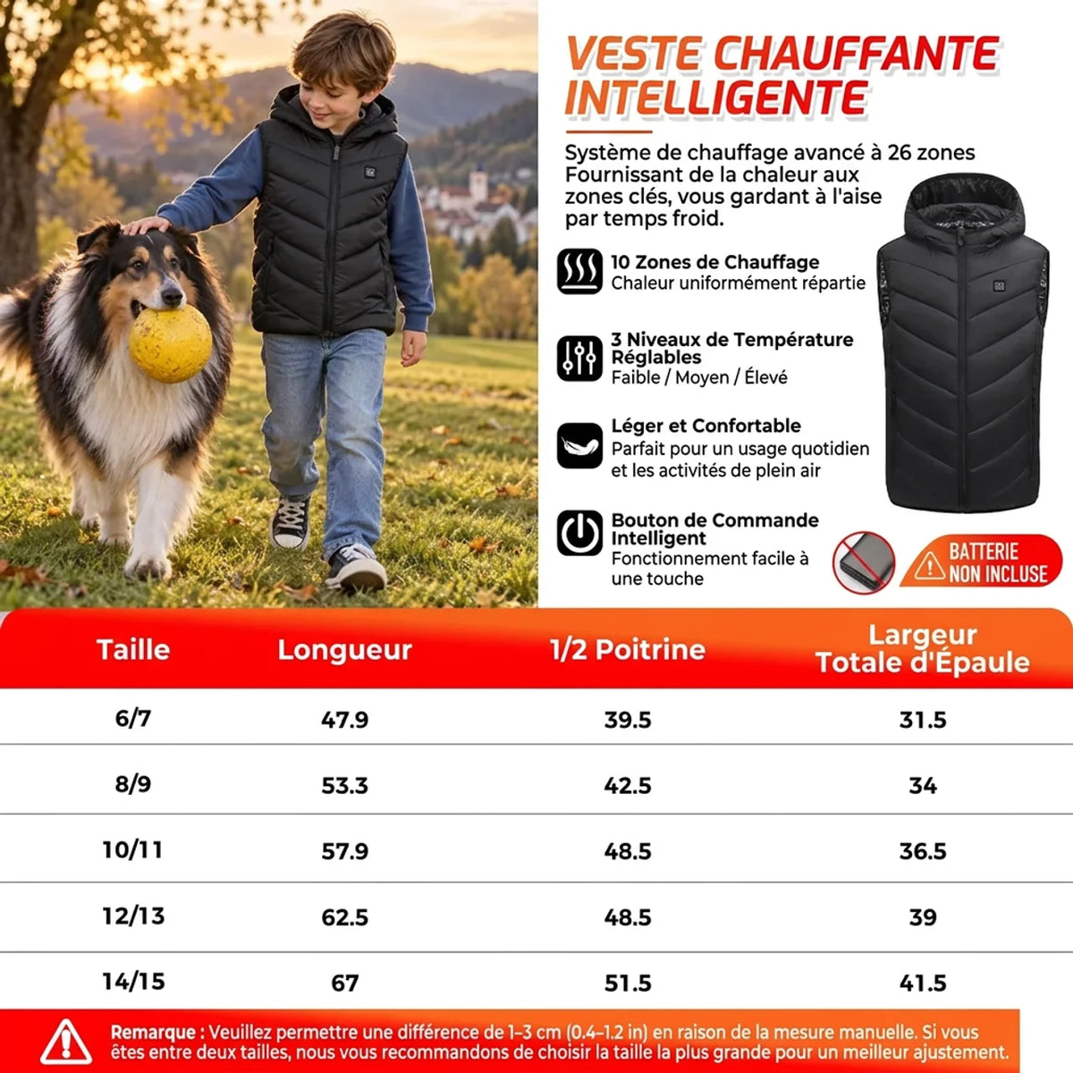 Gilet Chauffant USB Enfant avec Capuche 10 Zones Veste Sans Manches d'Hiver
