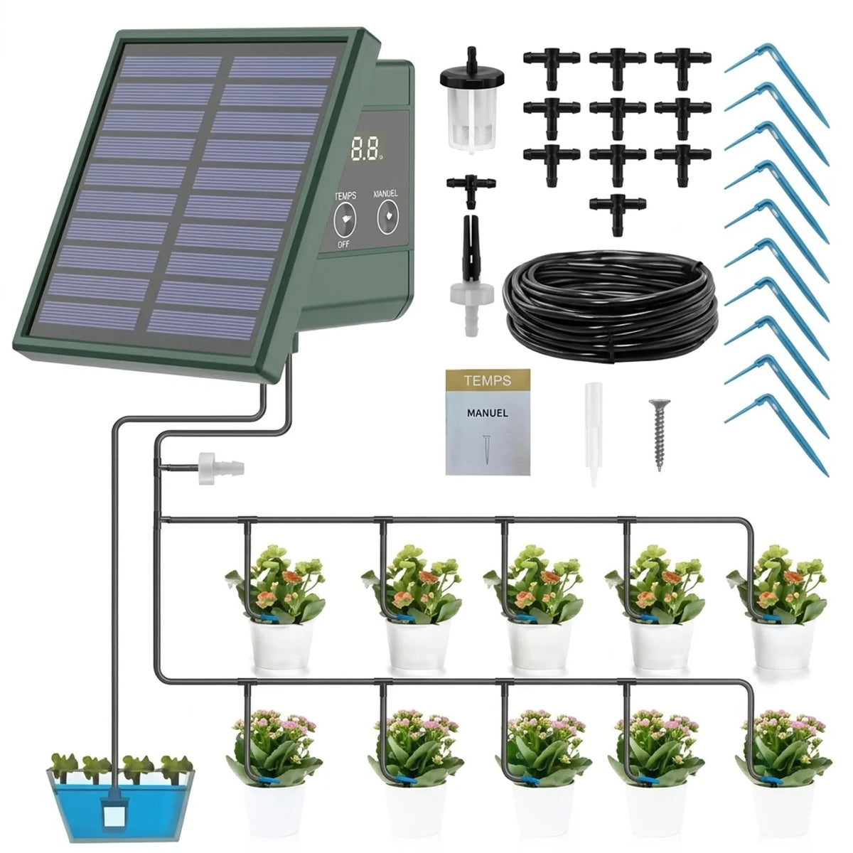 Kit d’arrosage automatique solaire programmable – 10 goutteurs et tuyau de 10 m
