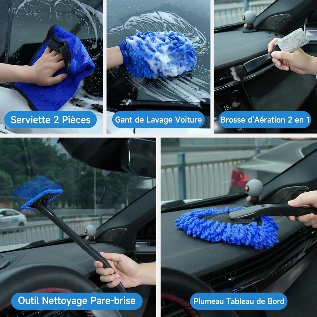 Kit de Nettoyage Voiture Complet Brosses pour Intérieur Jantes & Vitres