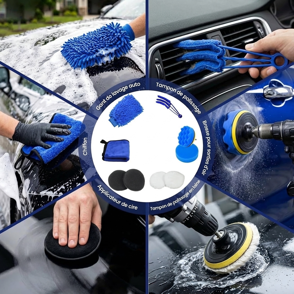 Kit de Nettoyage Voiture Complet Brosses pour Intérieur Jantes & Vitres