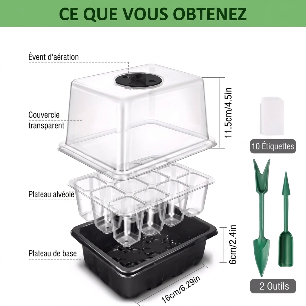 Mini-serre de semis avec lampes de croissance et dôme à aération réglable – Lot de 2