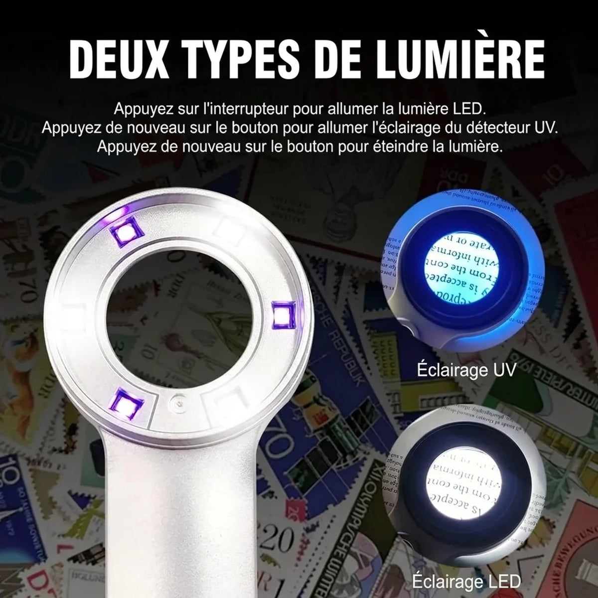 Loupe HD grossissement 60X avec éclairage LED et UV rechargeable USB