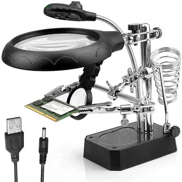 Loupe LED 3-en-1 avec pinces de maintien et support pour fer à souder