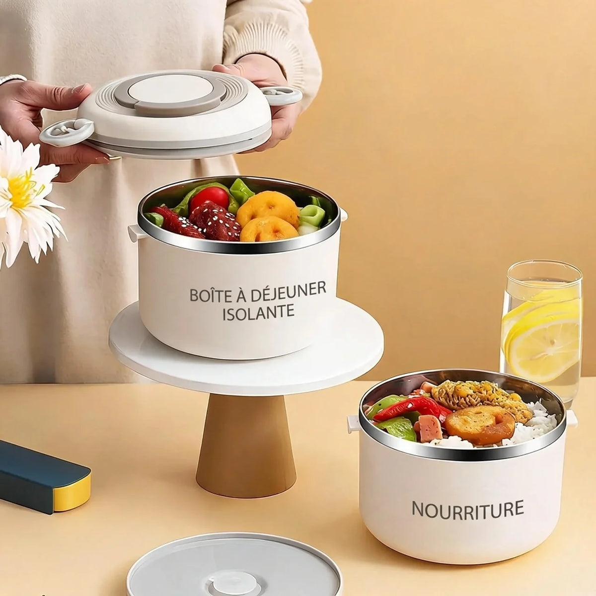 Lunch box isotherme 1,2 L en acier inoxydable 304 à 2 compartiments avec sac