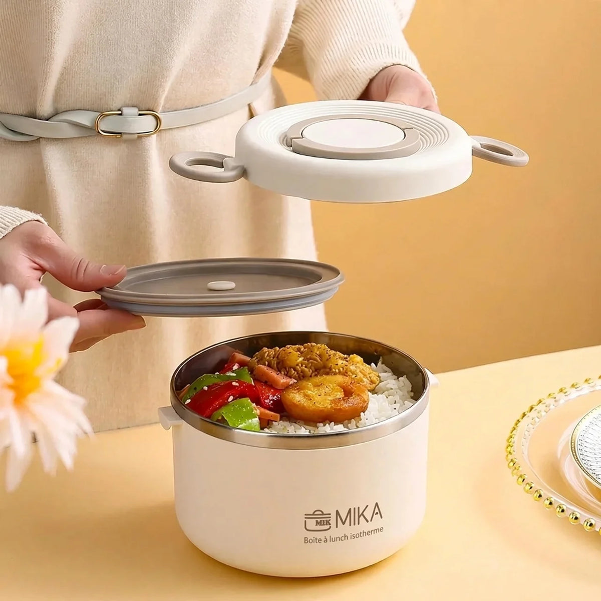 Lunch box isotherme 1,2 L en acier inoxydable 304 à 2 compartiments avec sac