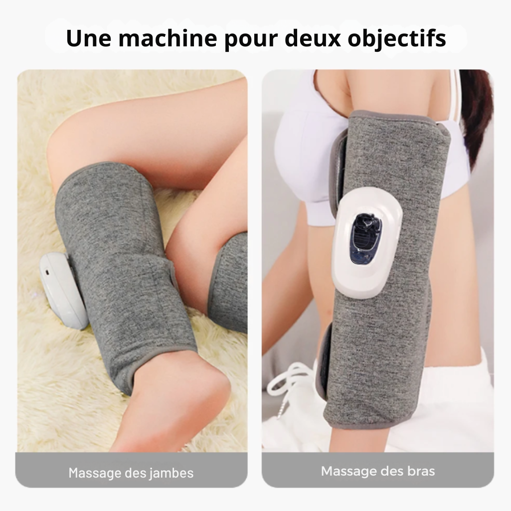 Une machine pour deux objectifs : à gauche, une personne utilisant le masseur pour les jambes ; à droite, une personne utilisant le masseur pour les bras.