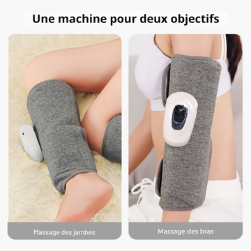 Une machine pour deux objectifs : à gauche, une personne utilisant le masseur pour les jambes ; à droite, une personne utilisant le masseur pour les bras.