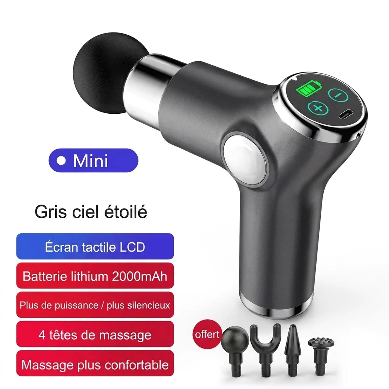Mini Pistolet de Massage Musculaire LCD 32 Vitesses USB-C