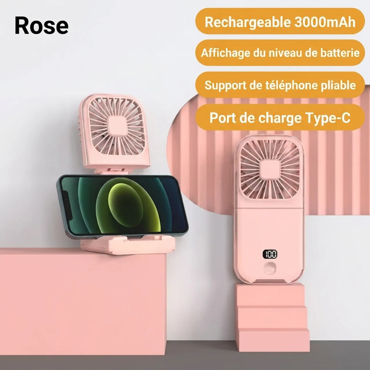 Mini Ventilateur Pliable 3 en 1 USB Portable Tour de Cou & Support Téléphone