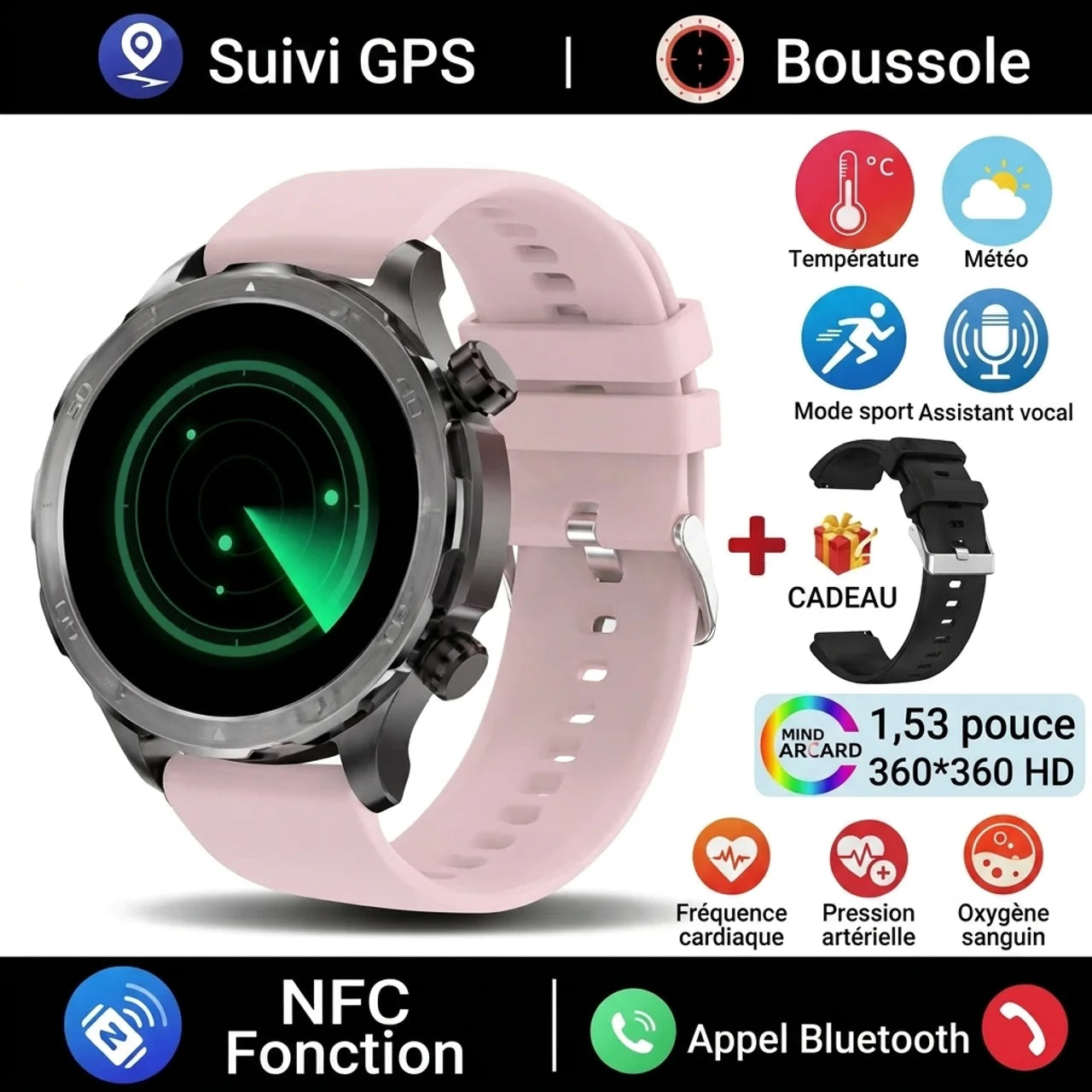 Montre NFC Connectée Homme GPS et Boussole Smartwatch Sport Écran Baromètre d'Altitude